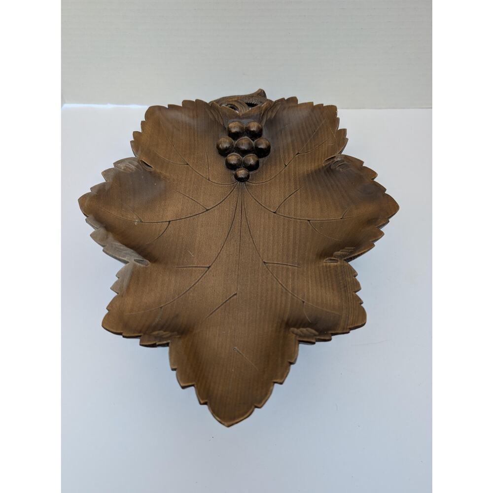 Vintage Swiss Musical Fruit Bowl Raeber Muller Hand Carved Grape Leaf Wood Art